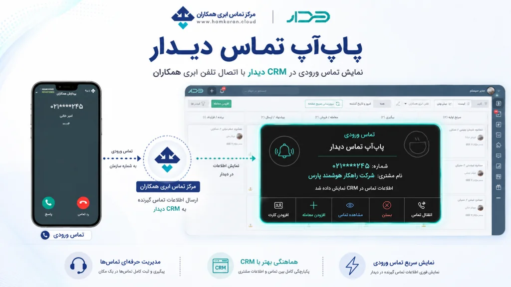 پاپآپ تماس دیدار هنگام دریافت تماس ورودی از تلفن ابری همکاران
